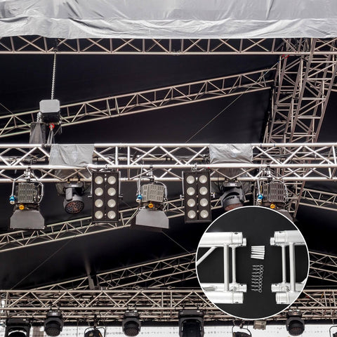 Stage truss system with lighting and inset of 30 Piece Cotter Pins And R Clip Assortment Kit With Heavy Duty Hitch Pins for trailers.