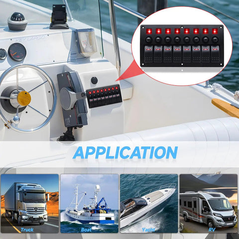 8 Gang Marine Rocker Switch Panel Waterproof 12V Aluminum Body With 5A 10A 15A Circuit Breakers And LED Indicators for boat