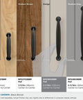 Kane Black Bronze Cabinet Pull on various wood finishes, showing transitional style drawer handle for cabinets, 5-11/16 inches long.