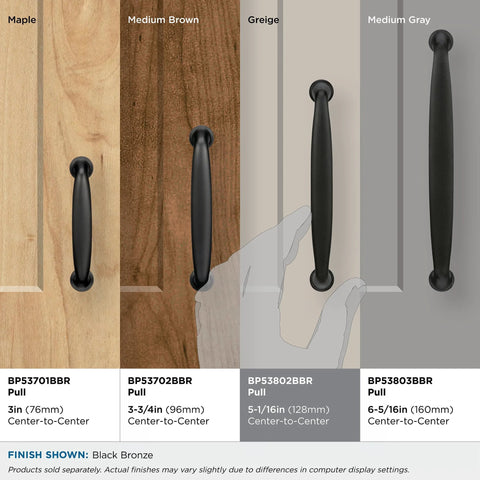 Kane Black Bronze Cabinet Pull on various wood finishes, showing transitional style drawer handle for cabinets, 5-11/16 inches long.
