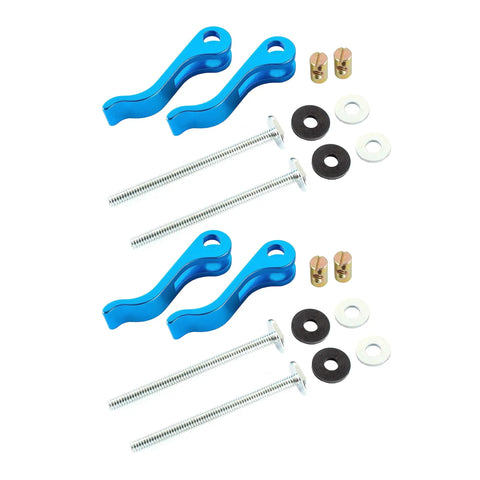Four Pack Cam Lever Clamps With Three Inch T Track Bolts Dead Nuts Tight Fast Woodworking Jig And Router Table Gear With One Quarter Inch Twenty Thread Insert Rugged Bench And Cnc Tools For Shop Gigs, showing blue aluminum cam levers and screws.