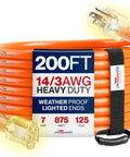 Heavy Duty Outdoor Indoor Extension Cord Built Tough 200 Feet 14 Gauge 3 Prong SJTW Waterproof Flexible Cold Weather Resistant