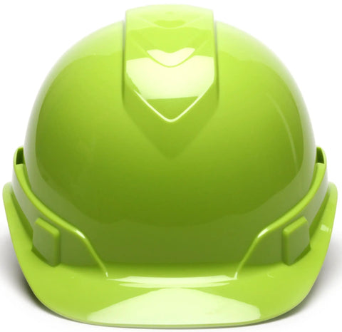 Front view of Ridgeline Cap Style Hard Hat With 4 Point Ratchet Suspension, Hi Vis Green Safety Gear for the Job Site, Lightweight ABS Shell.