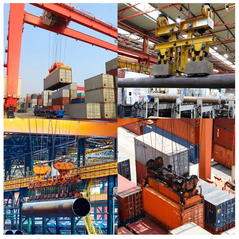 1320 Lbs Magnetic Lifter With Release Lever lifting steel containers and pipes in an industrial warehouse environment