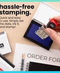 Premium Rubber Line Dater Stamp Built Different With Metal And Plastic Body Featuring Crisp 4mm Width Marking And Ten Year Range in use with ink pad.