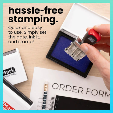 Premium Rubber Line Dater Stamp Built Different With Metal And Plastic Body Featuring Crisp 4mm Width Marking And Ten Year Range in use with ink pad.