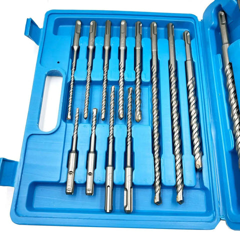 17-piece JFOGO SDS-Plus drill bit and chisel set in blue case for concrete masonry, front view.