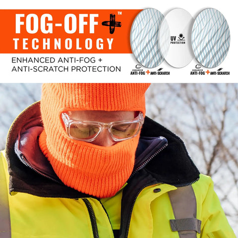 Sixteen Safety Glasses With Integrated Side Shields And Slick Anti Fog Lens That Handles Every Blue Collar Grind Features Ansi Certified Impact Protection And Includes A Microfiber Wipe For Keeping Your Eyewear Spotless After Long Shift Days worn by a worker in an orange beanie and high visibility jacket.