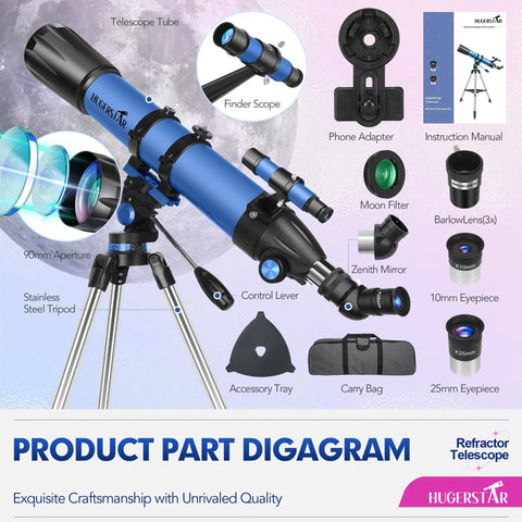 High Powered 90mm Refractor Telescope for Adults and Beginners, 800mm Focal Length, includes stainless tripod and optics components