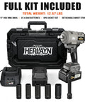 Pro Grade Heavy Duty 1/2 Inch Cordless Impact Wrench With Brushless Motor And 1760Nm Torque kit including battery and socket set.