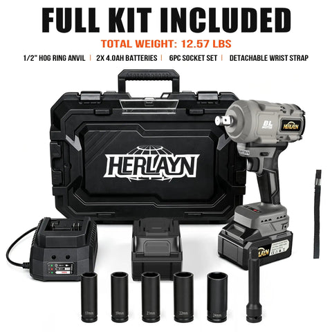 Pro Grade Heavy Duty 1/2 Inch Cordless Impact Wrench With Brushless Motor And 1760Nm Torque kit including battery and socket set.