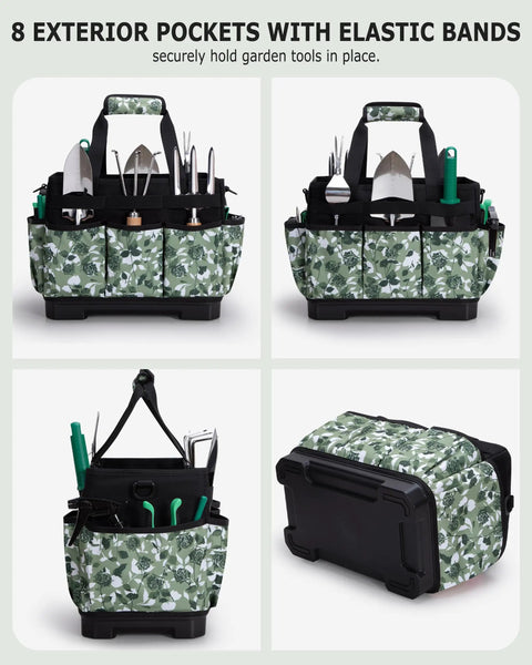 Heavy Duty Garden Tool Bag With Hard Bottom And Wide Opening, 20L Main Compartment, Water Resistant 600D Tote With Green Rose design