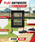 Baseball Pitching Net Pro With 9 Hole Strike Zone Target, 20x30 Inch Target shown on grass with home plate and pitching rubber.