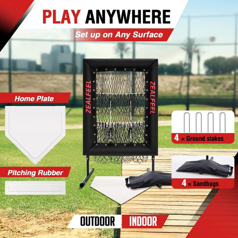 Baseball Pitching Net Pro With 9 Hole Strike Zone Target, 20x30 Inch Target shown on grass with home plate and pitching rubber.