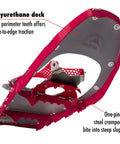 Lightweight Womens Backcountry Snowshoes with Paragon Bindings, showing polyurethane deck and steel DTX crampons