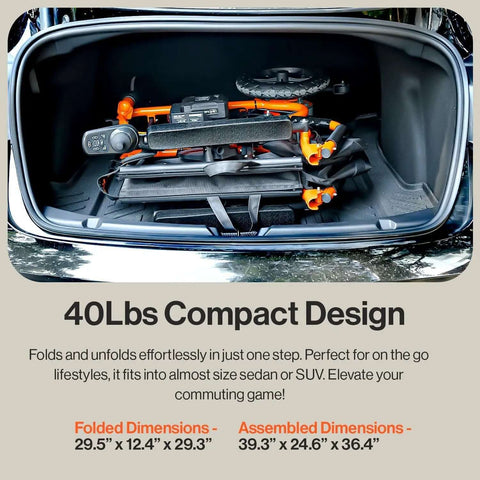 Folded GoRide 2 Electric Wheelchair Lightweight 42 Lb in car trunk showing compact design for portability