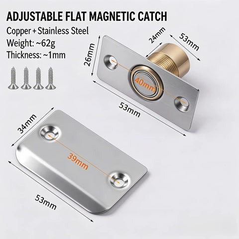 Adjustable Ball Magnetic Door Catch with stainless steel and brass, top mount latch, dimensions and screws, 2 pack