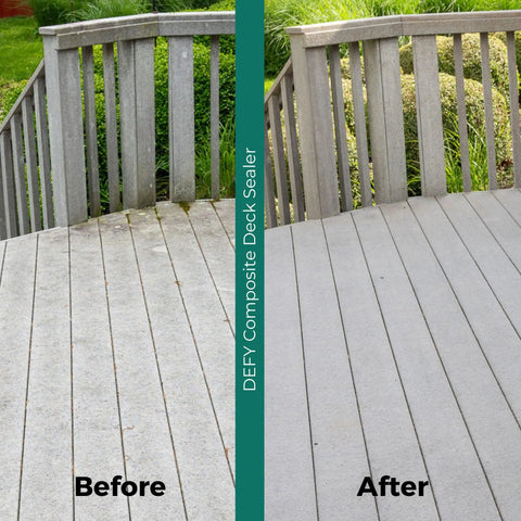 Before and after effects of Extreme Composite Deck Sealer Crystal Clear Waterproof Sealant For Wood And Composite Surfaces With Zinc Nano Technology Keeps Water Out No More Black Stains And UV Damage One Gallon shown on a composite deck