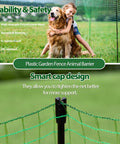 Easy Set Temporary Fence Kit With 3 Foot High 50 Foot Plastic Mesh, Fiberglass Step In Posts in a garden with dog and child