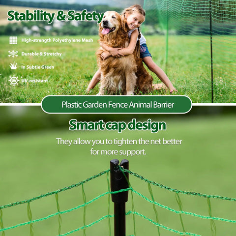 Easy Set Temporary Fence Kit With 3 Foot High 50 Foot Plastic Mesh, Fiberglass Step In Posts in a garden with dog and child