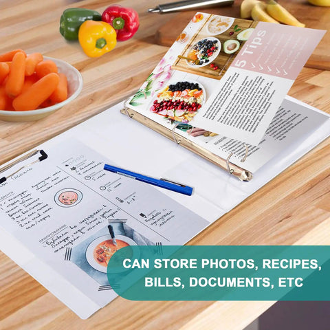Totally Squirrel Pink Cute 3 Ring Binder With Clipboard showing open binder with recipe pages on a wooden table