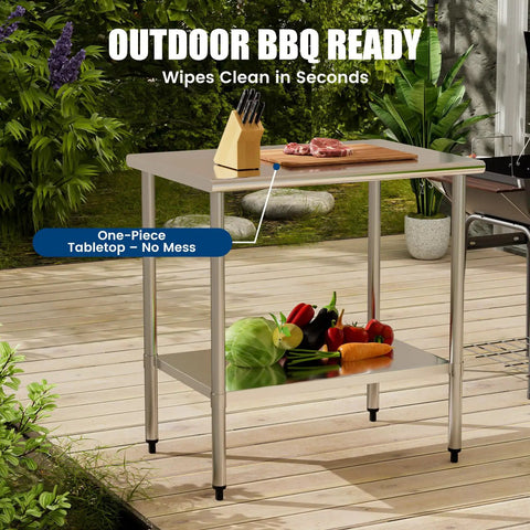 Heavy Duty Stainless Steel Work Table 24 By 36 Inch With Adjustable Undershelf in outdoor setting with vegetables on top.