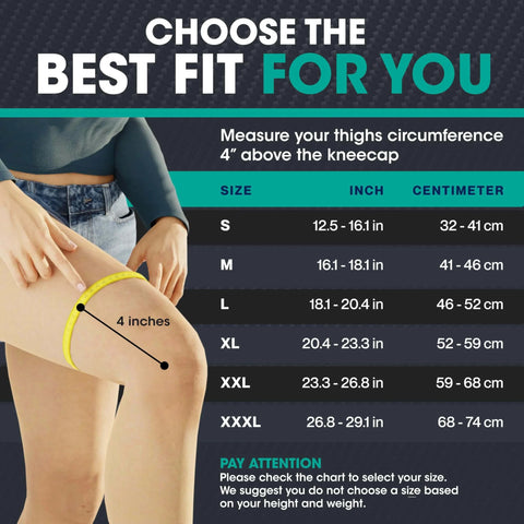 Sizing chart for 2-Pack Compression Knee Sleeve with thigh measurement guide in inches and centimeters shown on leg.