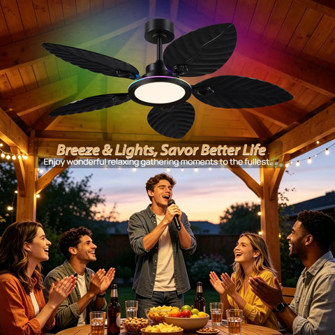 RGB Tropical Outdoor Palm Leaf Ceiling Fans with Light,52” Black Flush Mount in a patio gathering with friends.