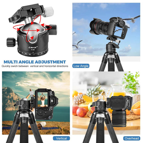 Heavy Duty Tripod Ball Head With One Quarter Inch Arca Swiss Quick Release Plate Aluminum Mount shown in various angles for DSLR camera use