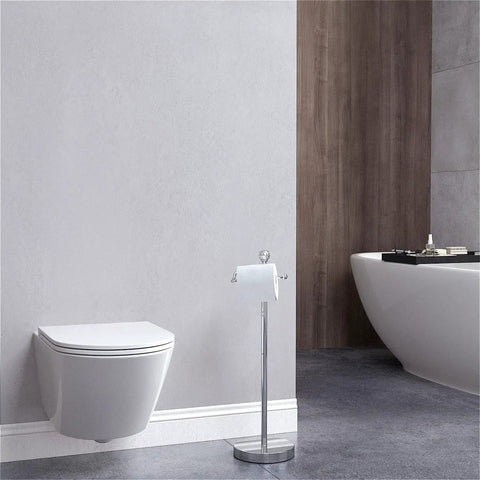 Reserve Function Free Standing Toilet Paper Holder With Crystal Finial In Chrome Finish next to white toilet in modern bathroom