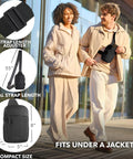 Sling Bag Crossbody Fanny Pack For Men And Women With Switchable Strap, RFID Blocking, lifestyle image with size details.