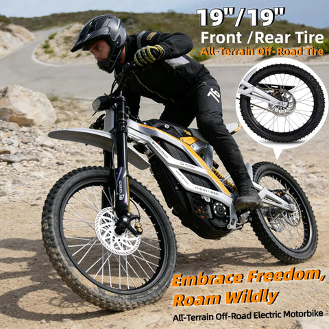 Kickass Powerful 8000W Peak 72V Electric Dirt Bike For Adults on rough terrain, showcasing 19" all-terrain tires and rider in action.