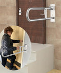 Built Like A Tank 32 Inch Toilet Grab Bar Featuring Anti Slip Brushed Nickel Finish, installed by door for stability and support.