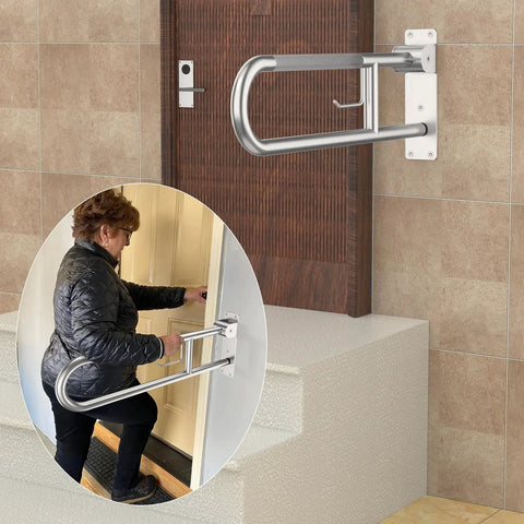 Built Like A Tank 32 Inch Toilet Grab Bar Featuring Anti Slip Brushed Nickel Finish, installed by door for stability and support.