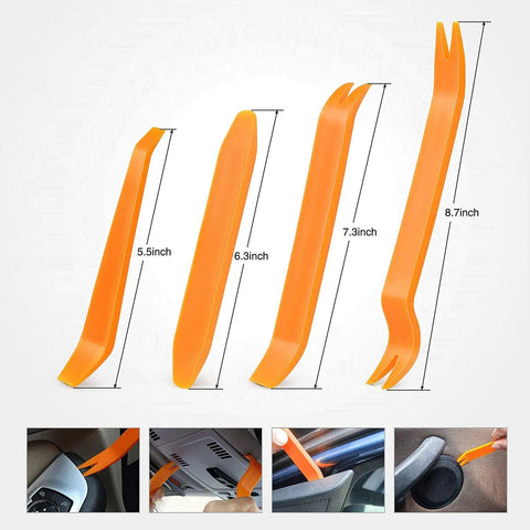 Universal 240 Piece Push Retainer Clip Kit With Plastic Rivets Fasteners showing four orange trim removal tools of different sizes