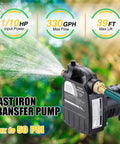 1/2HP 115V Cast Iron Portable Water Transfer Pump With Brass Connectors spraying water against a garden backdrop