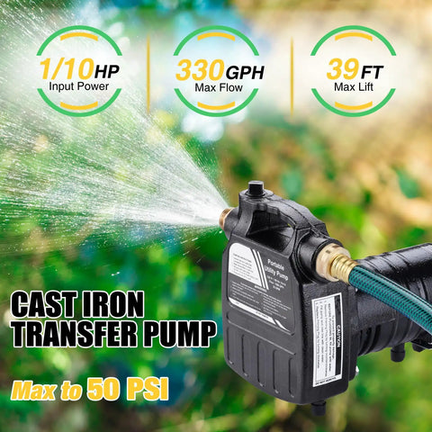 1/2HP 115V Cast Iron Portable Water Transfer Pump With Brass Connectors spraying water against a garden backdrop