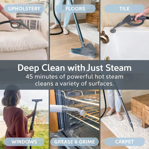 Straight Shooter Rolling Steam Cleaner With A Massive 1.5L Tank And 17 Nifty Attachments For Zero Chemical Deep Cleaning Floors, Windows, Tile.