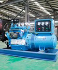 Blue energy efficient low noise portable generator set for home backups and job site use with stable performance, industrial setting