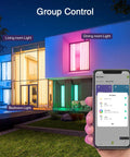 Colorful home exterior lights controlled by phone app, featuring Dope Smart RGB LED Bulbs A19 E26 Dimmable Color Changing 800 Lumen Lights.