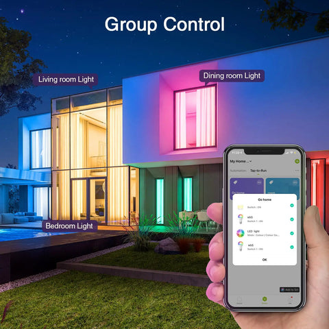 Colorful home exterior lights controlled by phone app, featuring Dope Smart RGB LED Bulbs A19 E26 Dimmable Color Changing 800 Lumen Lights.