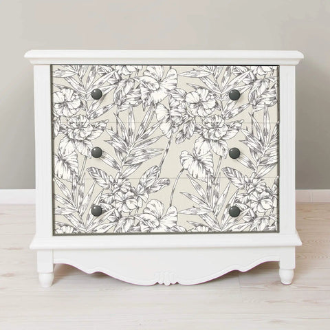 Grey Cayman Peel And Stick Wallpaper With Tropical Botanical Design on cabinet drawer for accent look