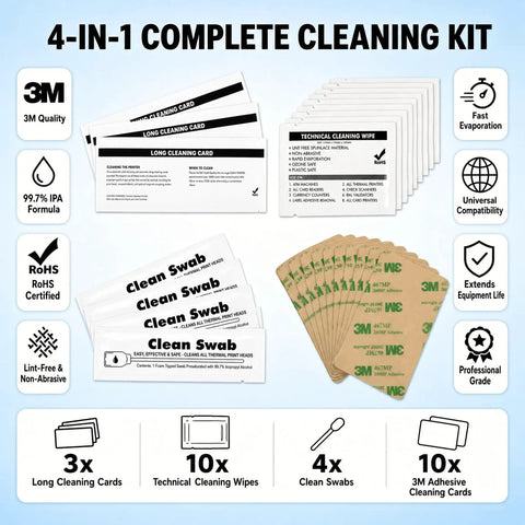 All In One Printer Maintenance Kit Compatible With Hdp5000 Hdp5600 Hdp6600 And Hdp8500 Includes Ipa Cleaning Cards Printhead Swabs Adhesive Sheets And Wipes To Keep Your Setup Dialed In Tight, showing contents of 4-in-1 cleaning kit.