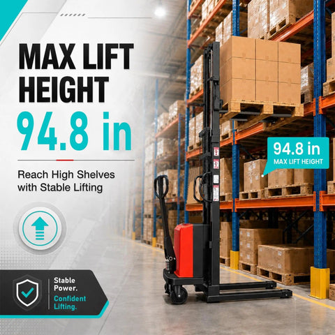 Heavy Duty Semi Electric Pallet Stacker Boasting 3,306 Lbs Capacity And Nearly Eight Feet Lift Height For Smooth Forklift Work In Your Warehouse, showing max lift height 94.8 in.