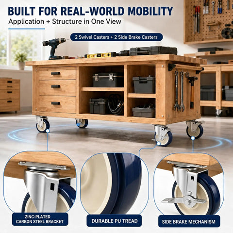 Smooth And Sturdy 5 Inch Rubber Caster Wheels In Blue Featuring Two Swivel And Two Side Brake Brackets, showcasing workshop setup.