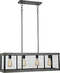 Cozy Farmhouse 4 Light Island Pendant With Chicken Wire Frame, Oil Rubbed Bronze Finish, Faux Woodgrain Accent, Vintage Edison Bulbs Included