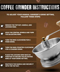 Instructions for Mason Jar Coffee Grinder Lid With Manual Crank Burr Grinder, showing grind setting adjustments.