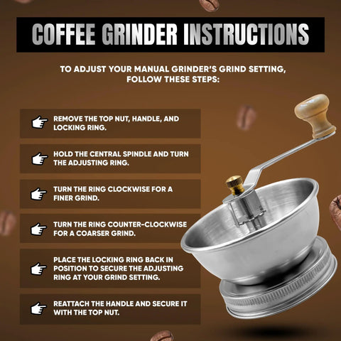 Instructions for Mason Jar Coffee Grinder Lid With Manual Crank Burr Grinder, showing grind setting adjustments.