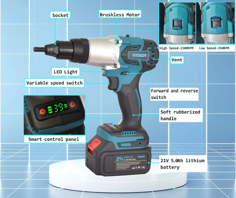 Heavy Duty Cordless Electric Rivet Nut Gun Kit with variable speed switch, LED light, and 21V 5000mAh battery.
