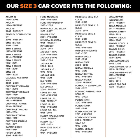 Compatibility chart showing vehicles that fit the Indoor Car Cover With Breathable Dustproof Shield for Mid Size Sedans Up To 200 Inches.